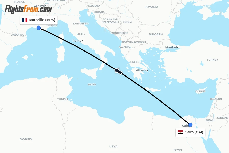 Flights from Cairo to Marseille route map
