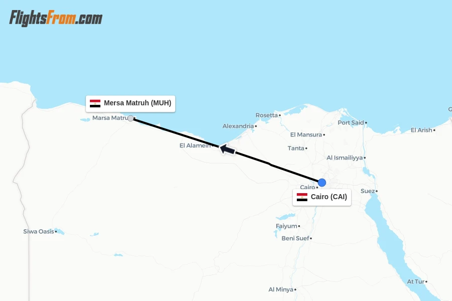 Flights from Cairo to Mersa Matruh route map