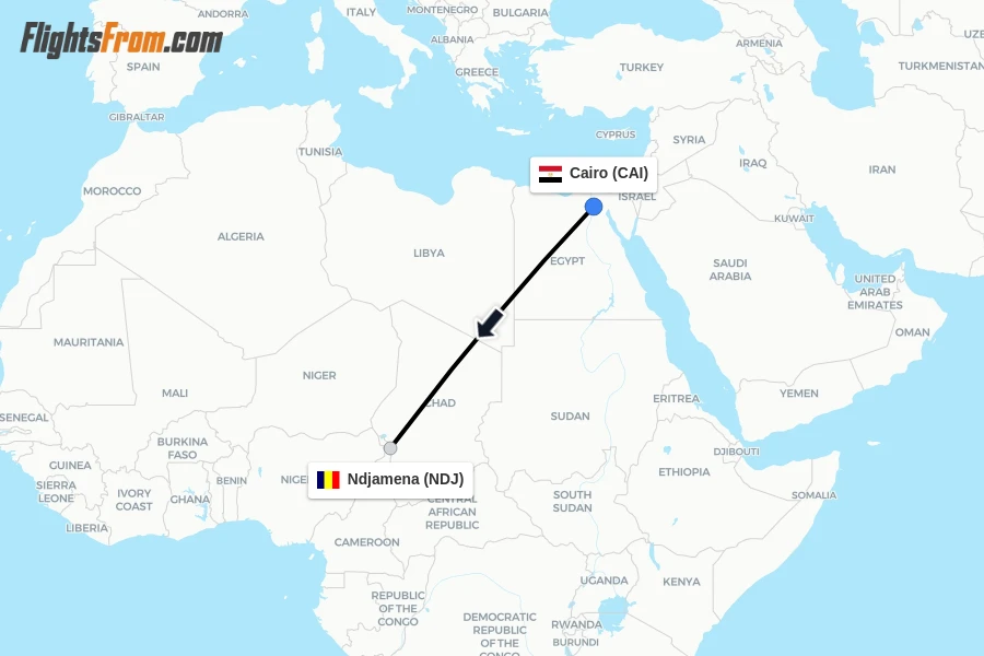 Flights from Cairo to Ndjamena route map