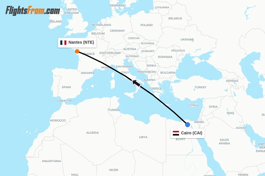 Flights from Cairo to Nantes route map