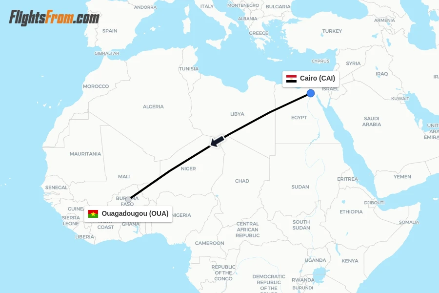 Flights from Cairo to Ouagadougou route map