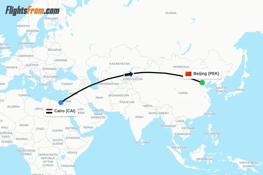 Flights from Cairo to Beijing route map