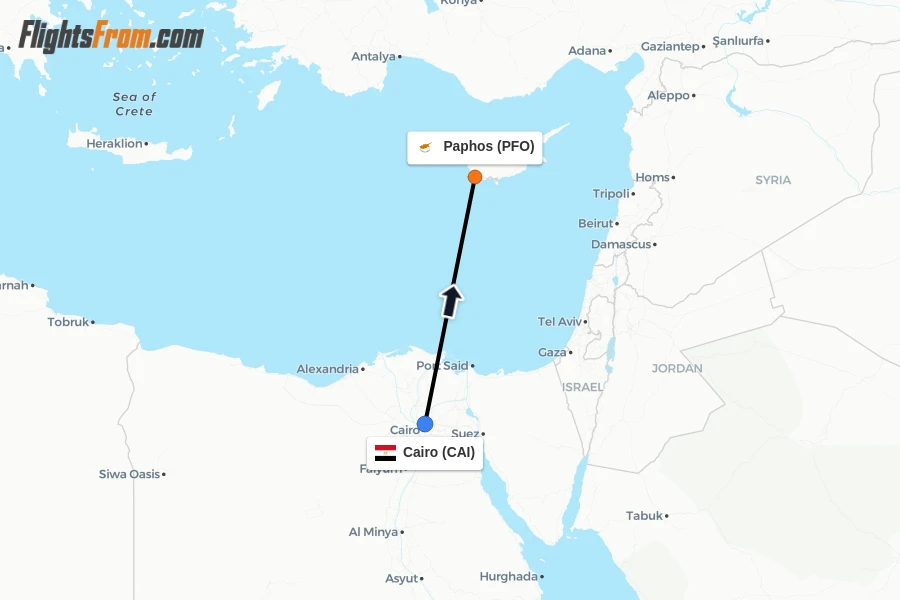 Flights from Cairo to Paphos route map