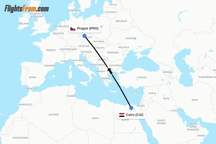 Flights from Cairo to Prague route map