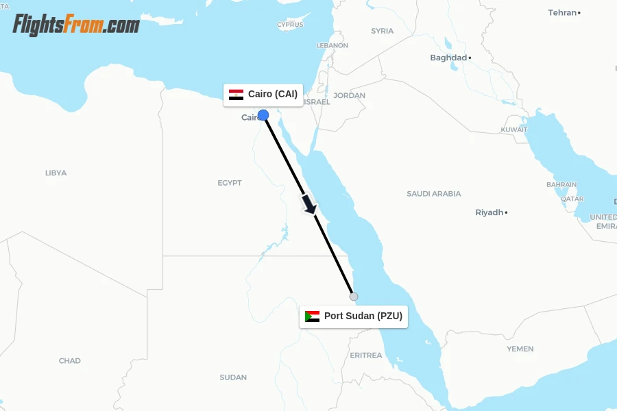 Flights from Cairo to Port Sudan route map