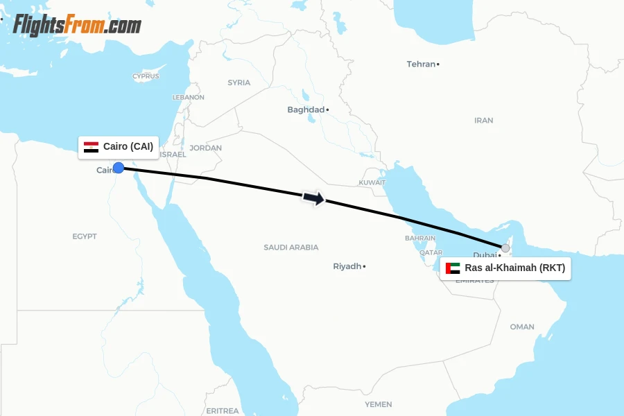 Flights from Cairo to Ras al-Khaimah route map