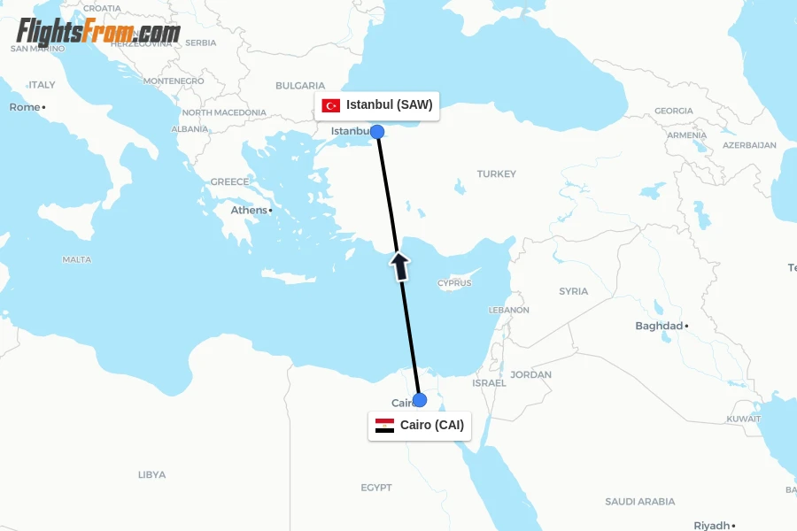 Flights from Cairo to Istanbul route map