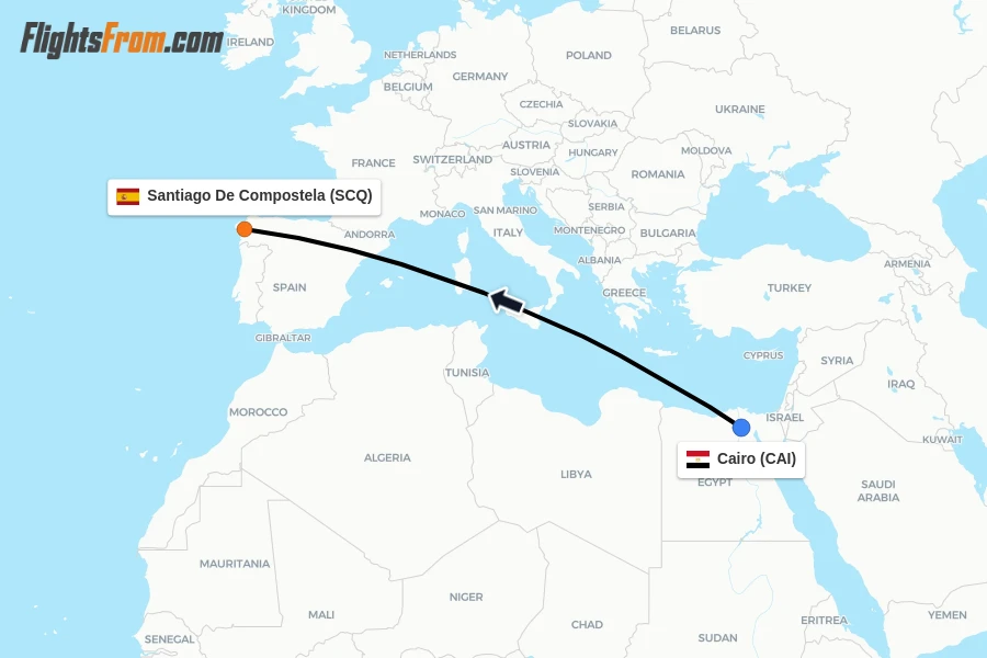 Flights from Cairo to Santiago De Compostela route map