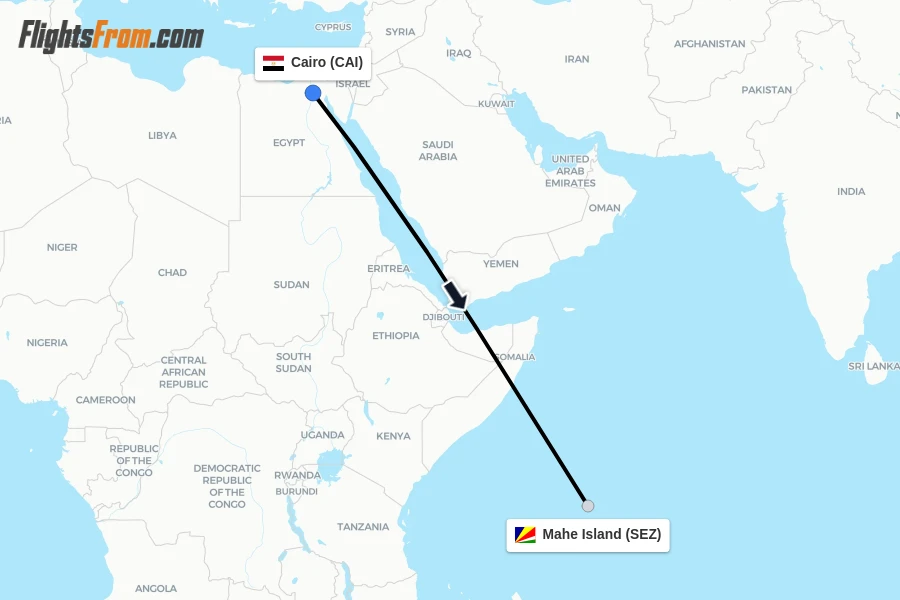 Flights from Cairo to Mahe Island route map