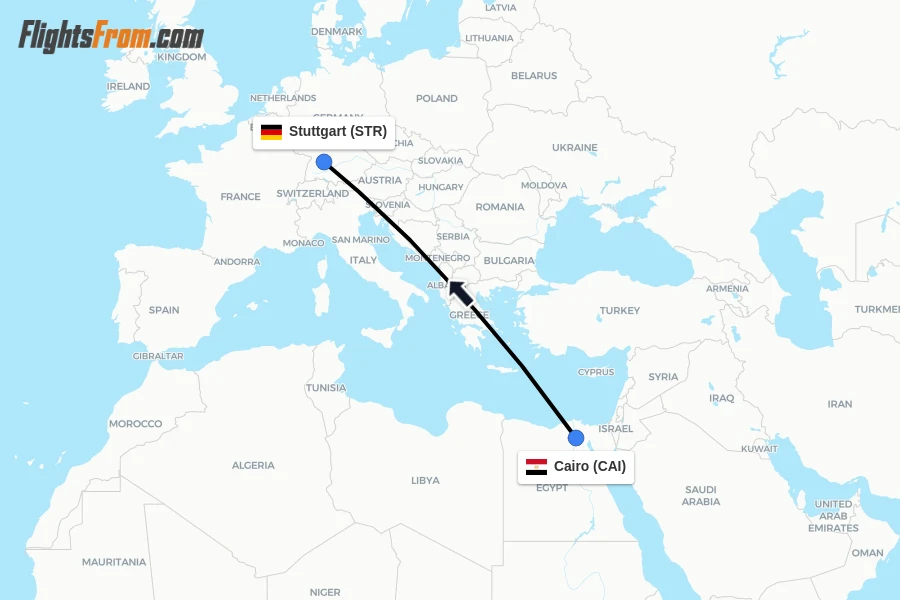 Flights from Cairo to Stuttgart route map