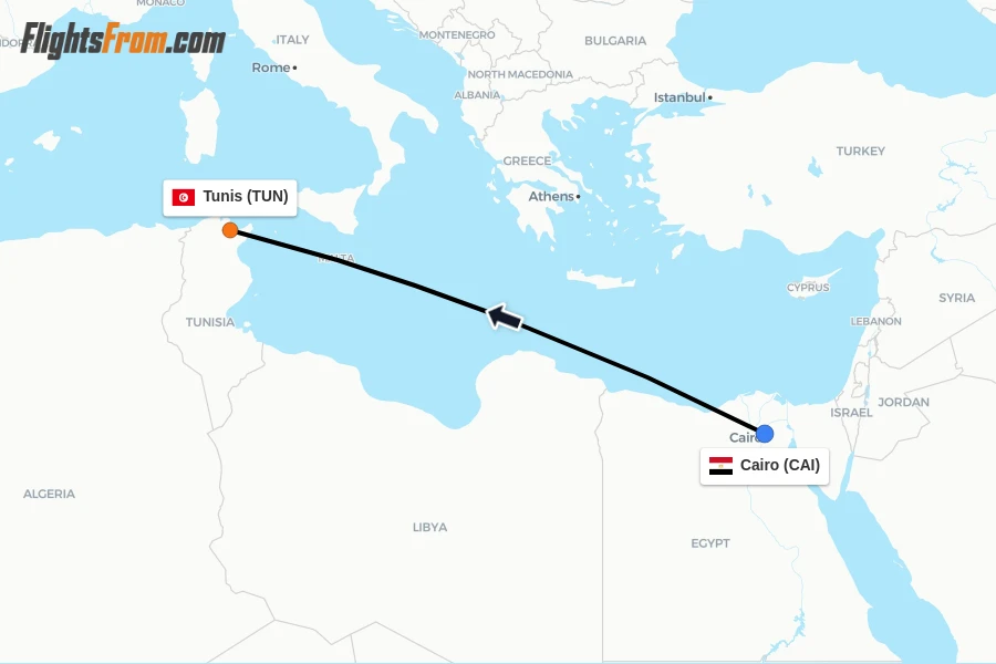 Flights from Cairo to Tunis route map
