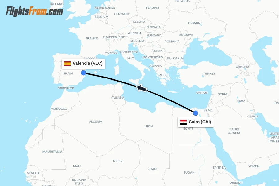 Flights from Cairo to Valencia route map