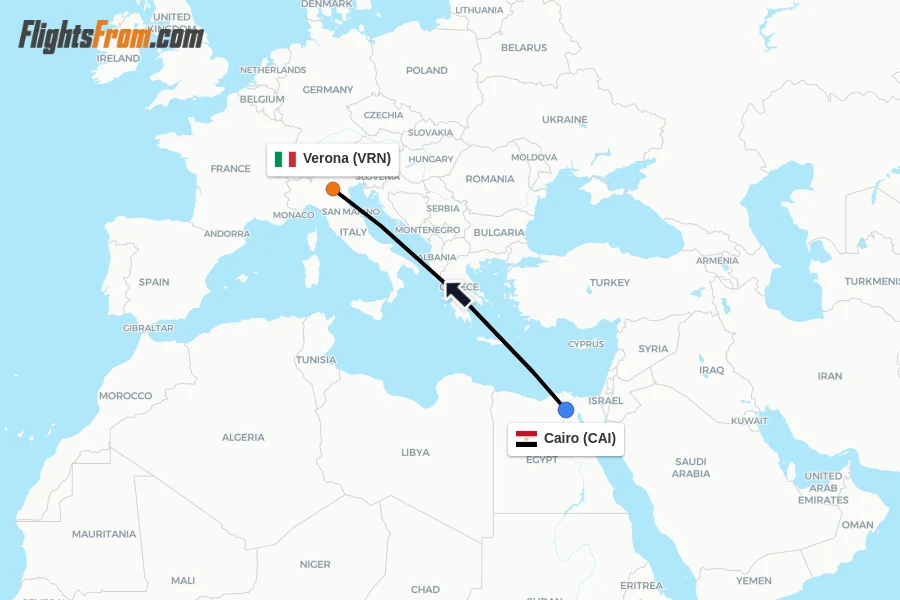 Flights from Cairo to Verona route map