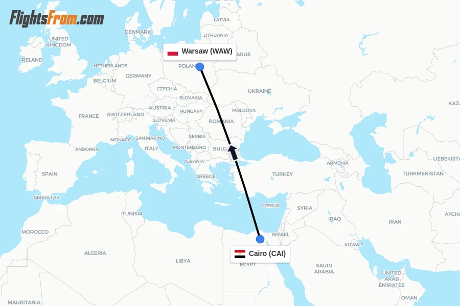 Flights from Cairo to Warsaw route map