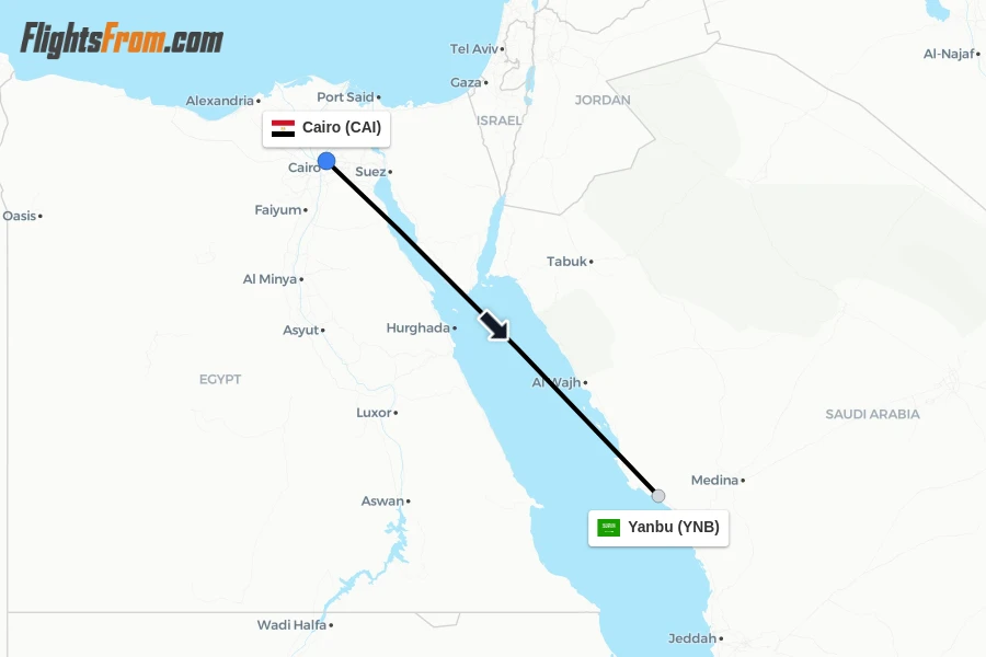 Flights from Cairo to Yanbu route map