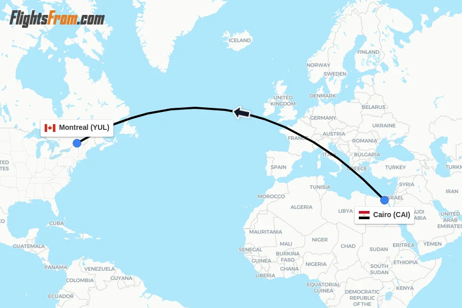 Flights from Cairo to Montreal route map