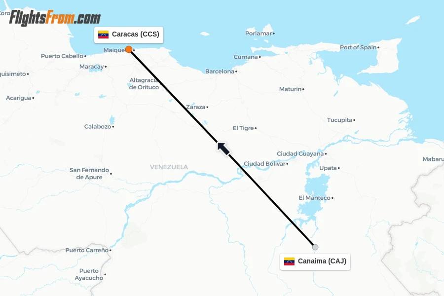 Flights from Canaima to Caracas route map