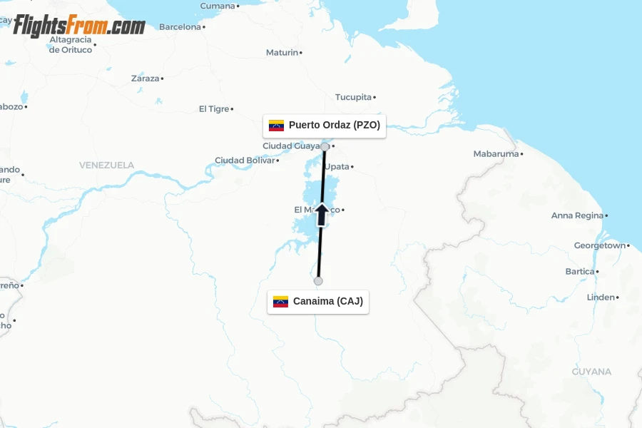 Flights from Canaima to Puerto Ordaz route map