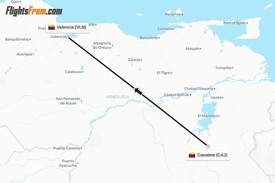 Flights from Canaima to Valencia route map