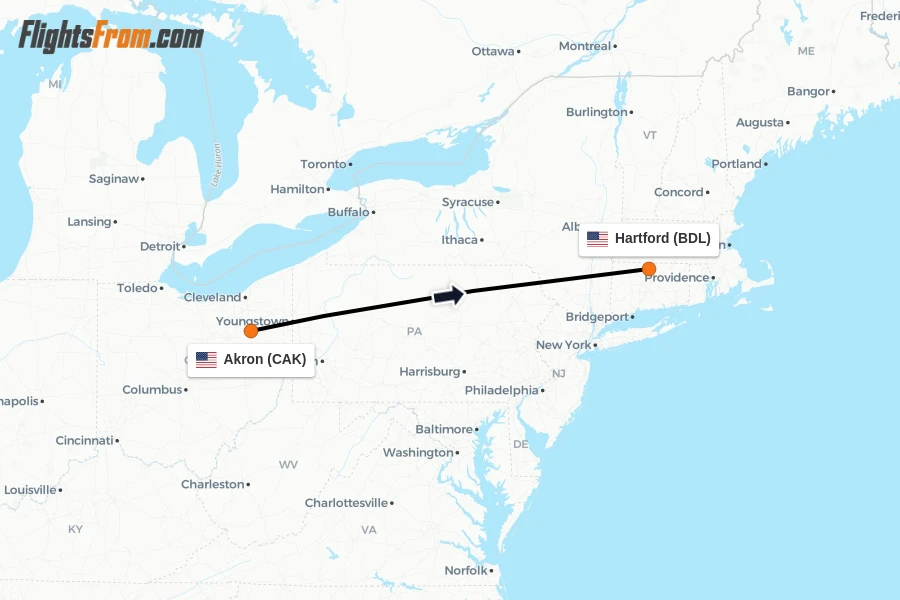Flights from Akron to Hartford route map