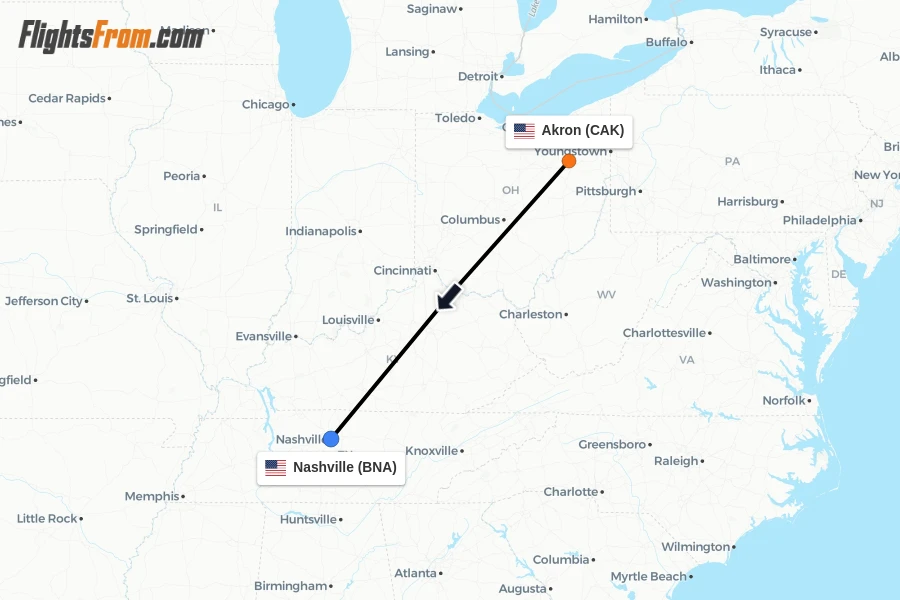 Flights from Akron to Nashville route map