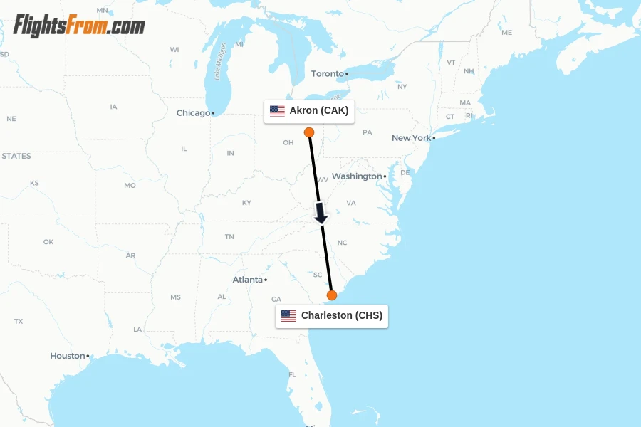 Flights from Akron to Charleston route map