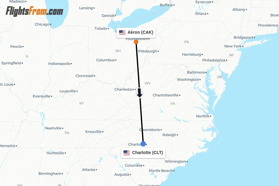 Flights from Akron to Charlotte route map