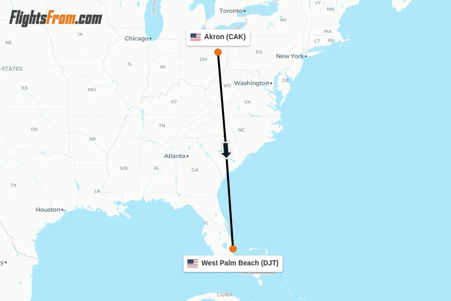 Flights from Akron to West Palm Beach route map