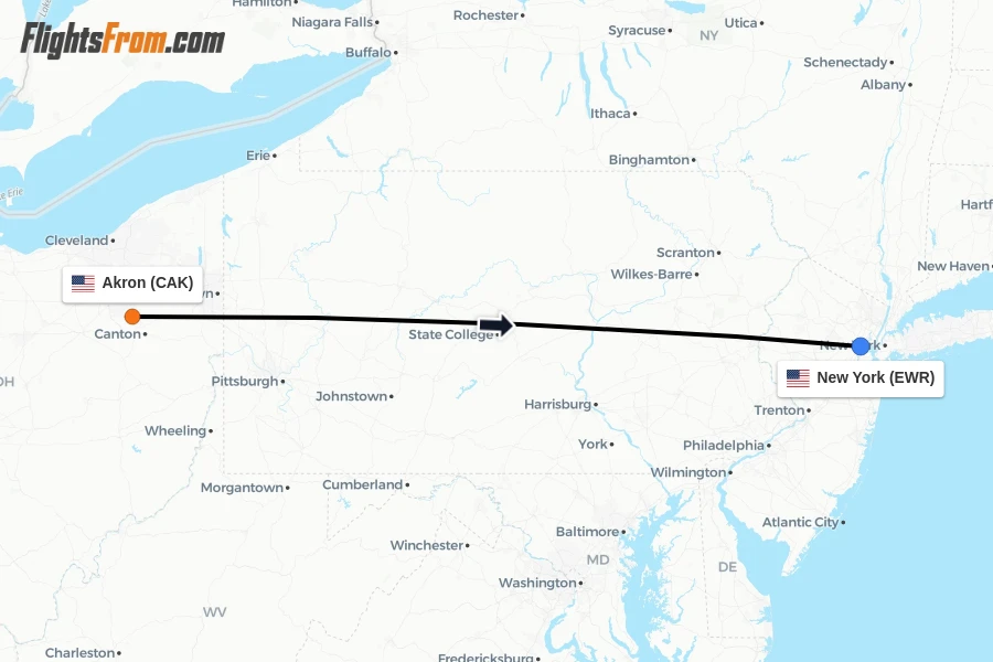 Flights from Akron to New York route map
