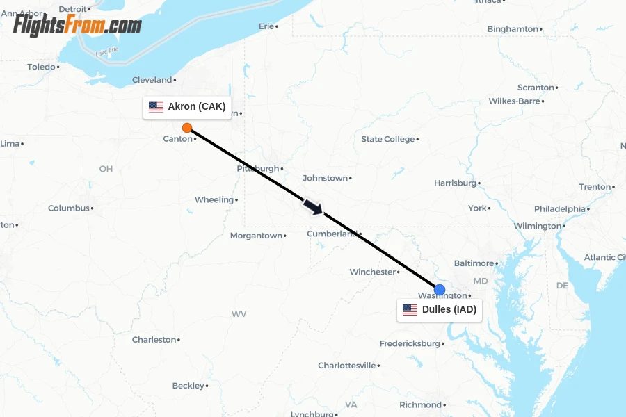 Flights from Akron to Dulles route map