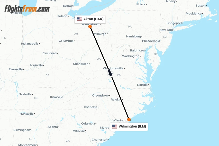 Flights from Akron to Wilmington route map