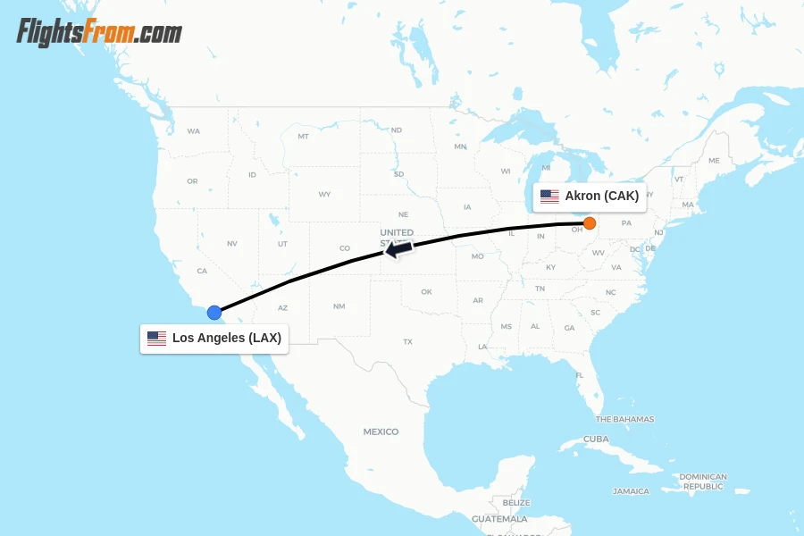 Flights from Akron to Los Angeles route map