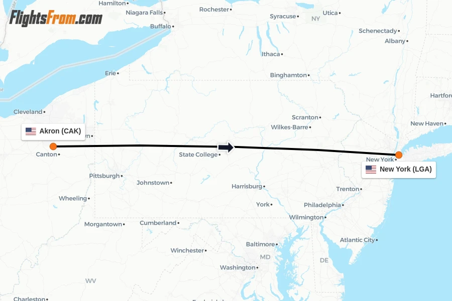 Flights from Akron to New York route map