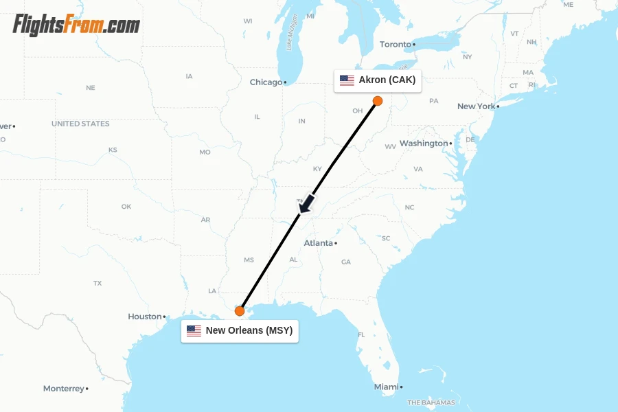 Flights from Akron to New Orleans route map