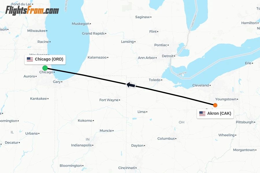 Flights from Akron to Chicago route map
