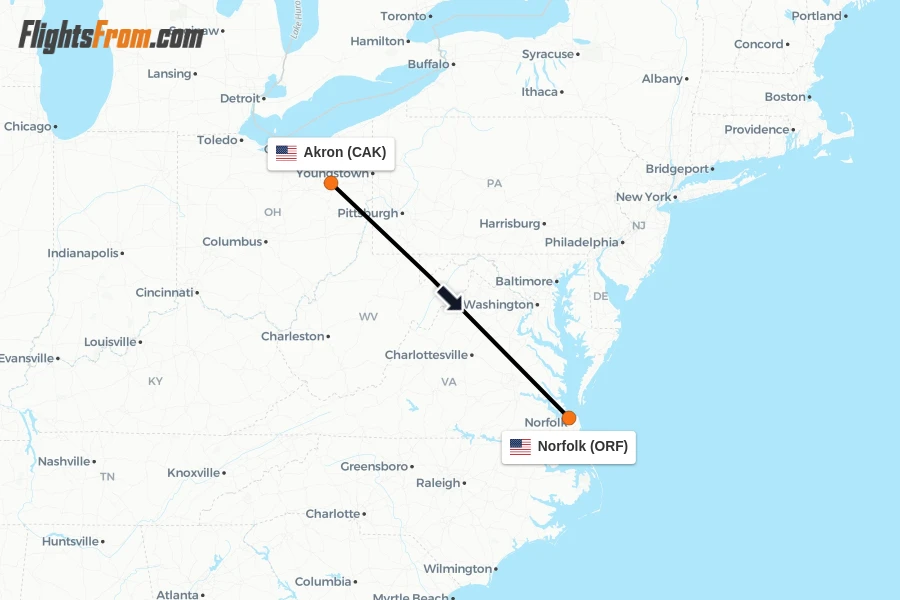 Flights from Akron to Norfolk route map