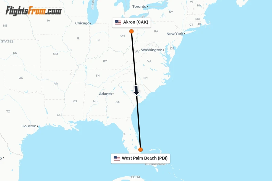Flights from Akron to West Palm Beach route map
