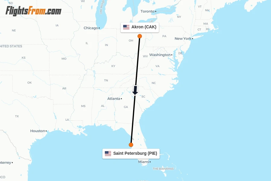 Flights from Akron to Saint Petersburg route map