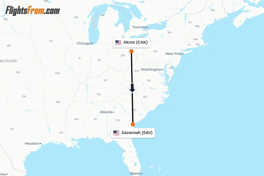 Flights from Akron to Savannah route map