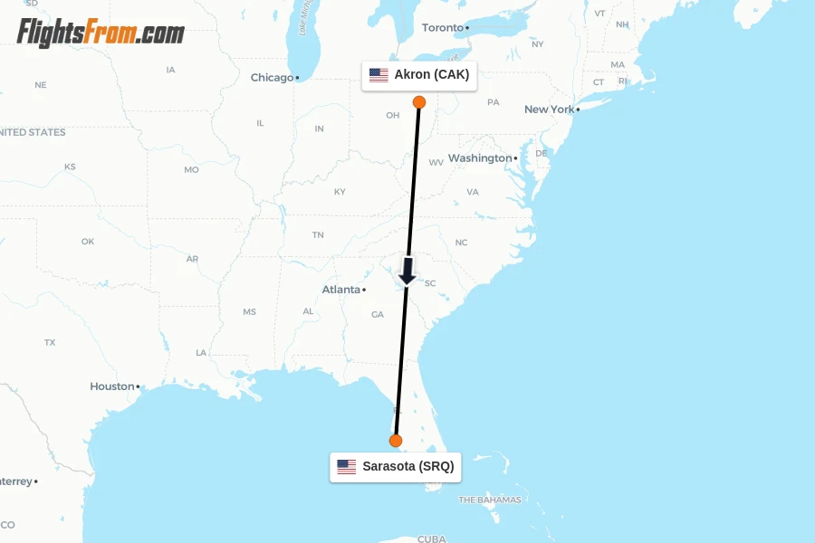 Flights from Akron to Sarasota route map