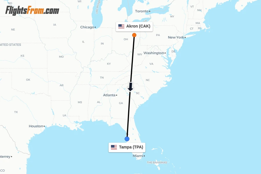 Flights from Akron to Tampa route map