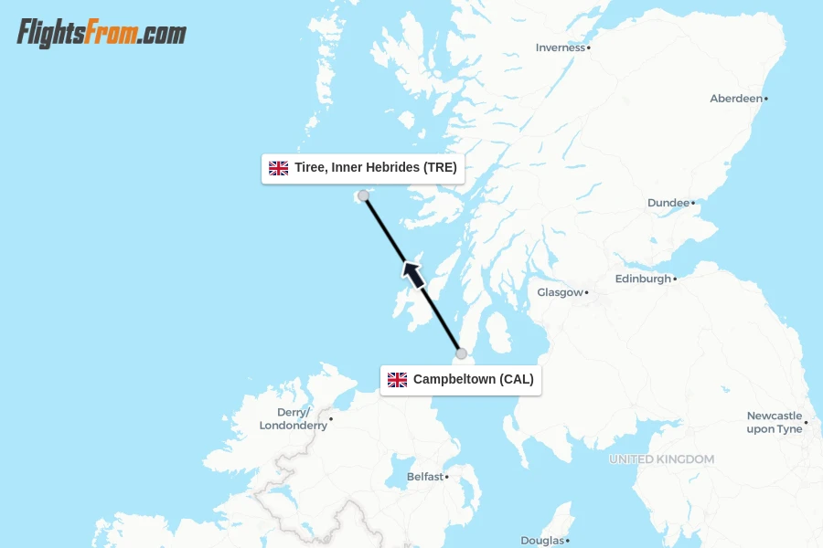 Flights from Campbeltown to Tiree, Inner Hebrides route map