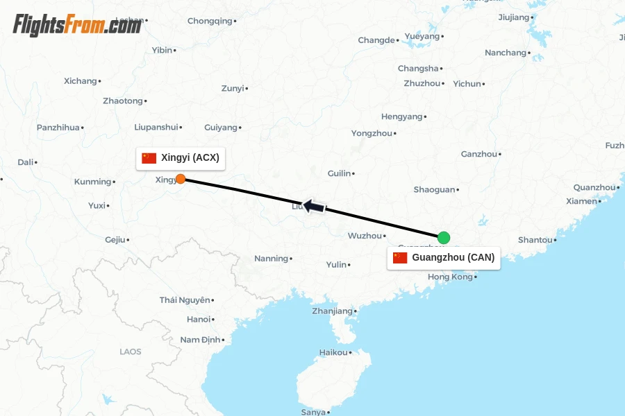 Flights from Guangzhou to Xingyi route map