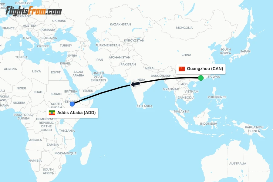 Flights from Guangzhou to Addis Ababa route map