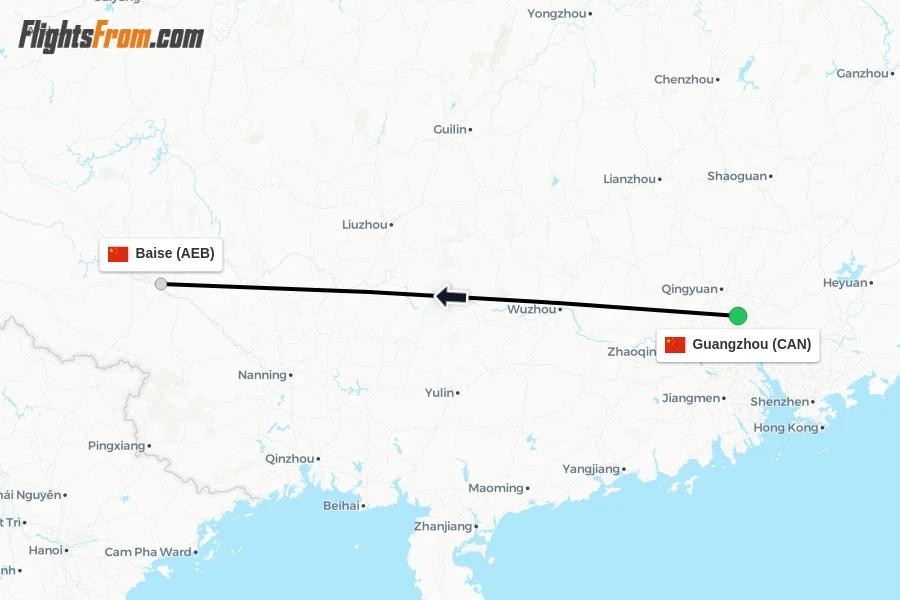Flights from Guangzhou to Baise route map