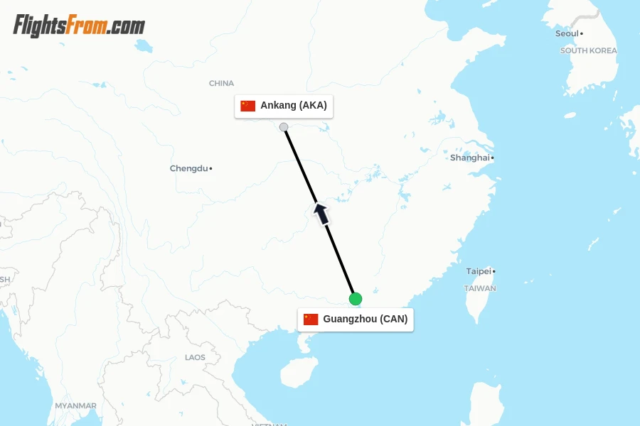 Flights from Guangzhou to Ankang route map