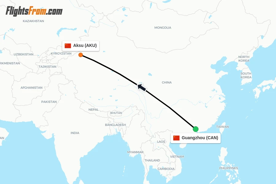 Flights from Guangzhou to Aksu route map