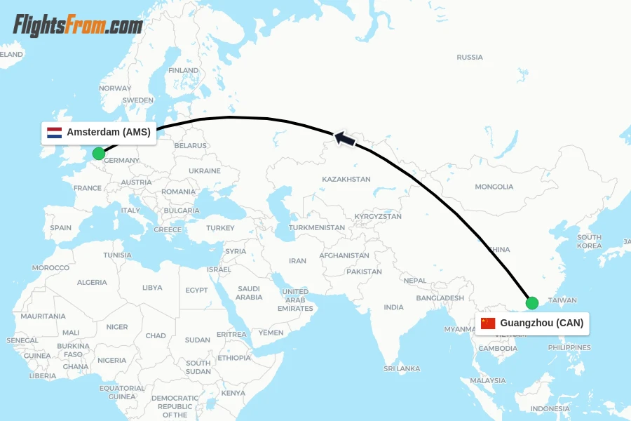 Flights from Guangzhou to Amsterdam route map