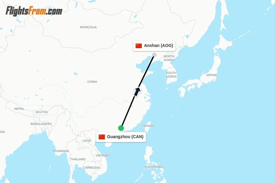 Flights from Guangzhou to Anshan route map