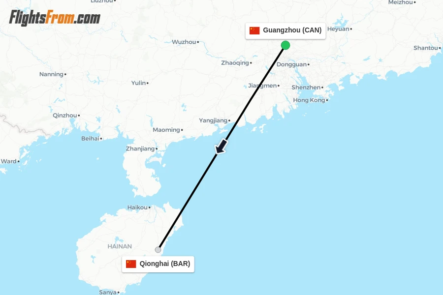 Flights from Guangzhou to Qionghai route map